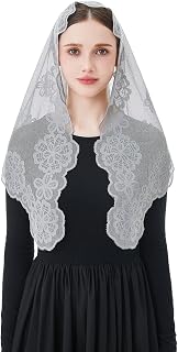 Wgior Embroidered Chapel Veil with Sacred Virgin and Child Design, Triangular Mantilla Veils Catholic for Church Mass