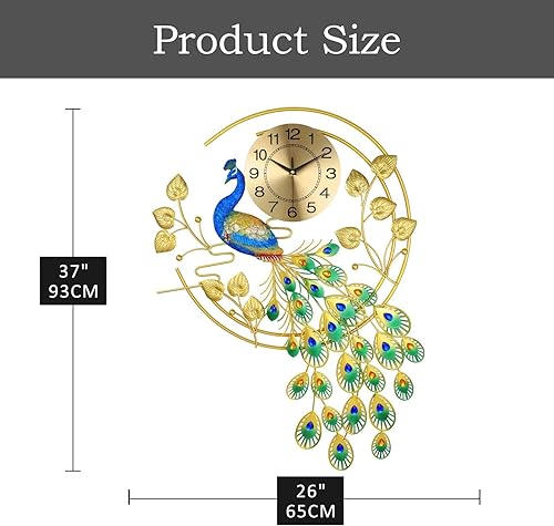 Miniatura 5 de Reloj de pared grande de pavo real de 36.6 pulgadas, silencioso, creativo, decorativo, 3D, de lujo, de mediados de siglo, para sala de estar,