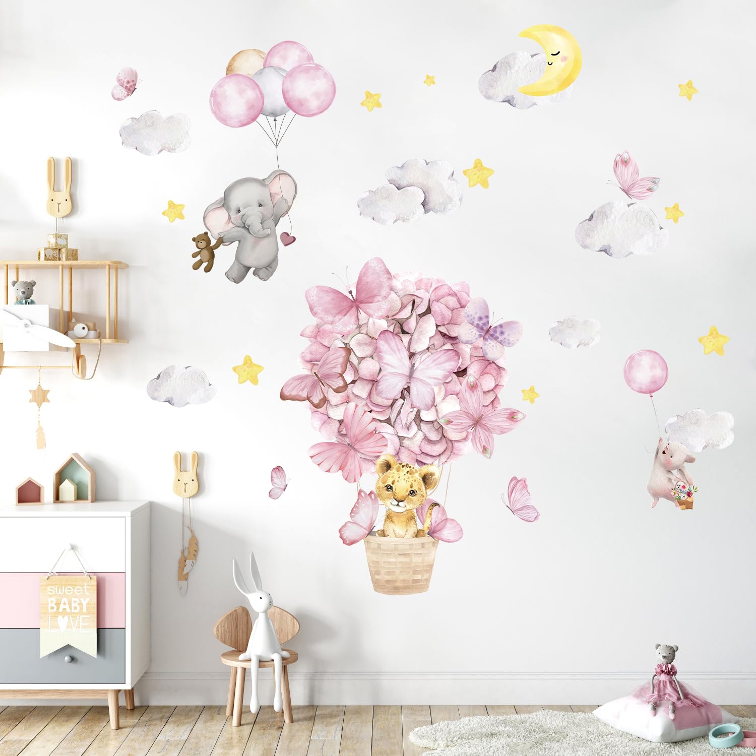Adesivi Murali Bambini Con Animali E Palloncini - Decorazione Rosa Per Camera Letto E Asilo - Foto 12
