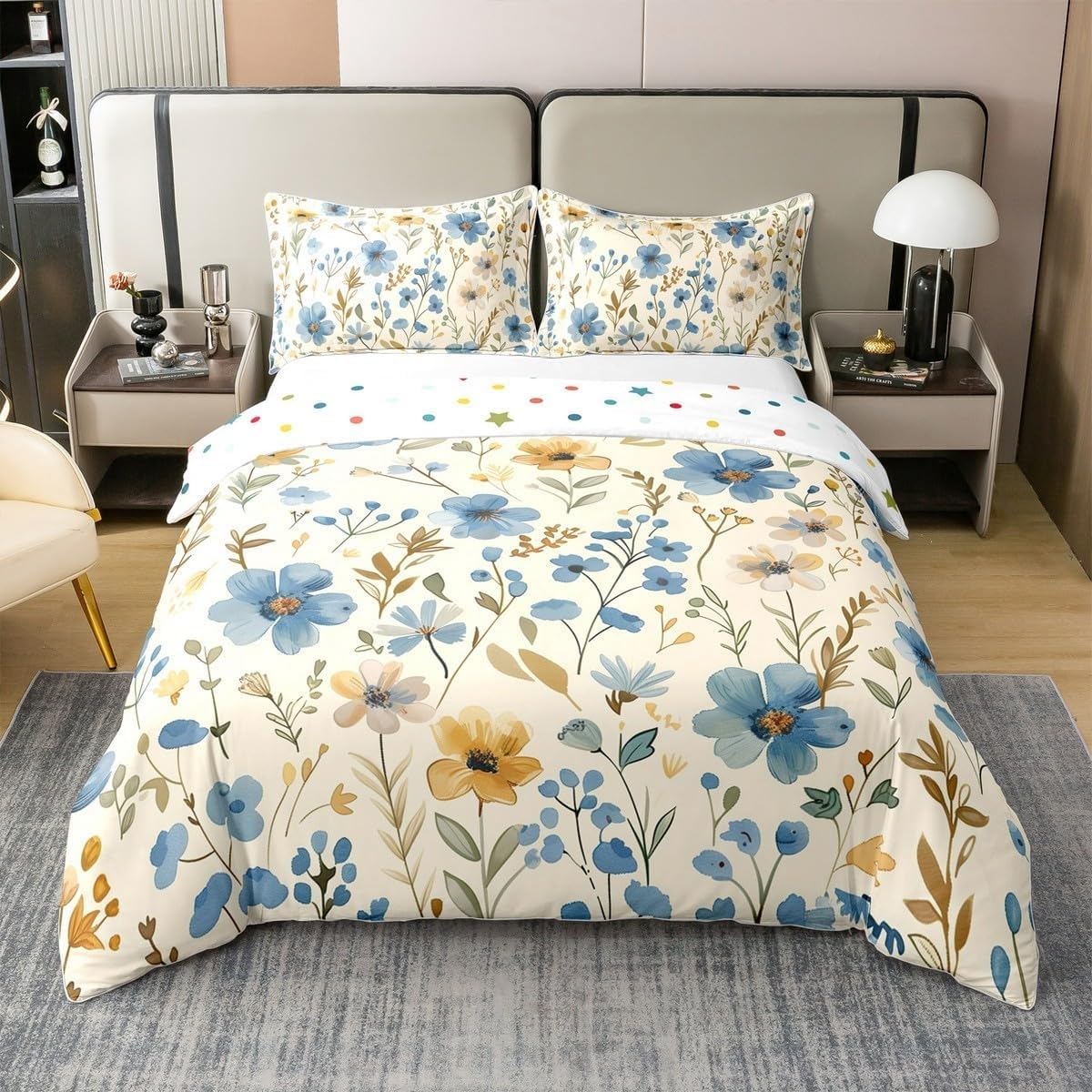 Flores Amarillo Azuladas Funda Edredon 220x240cm, Amarillo Claro Juego de Cama，Conjunto de 3 Piezas de Microfibra Suave y Transpirable, 2 Fundas de Almohada de 50x75cm AH131