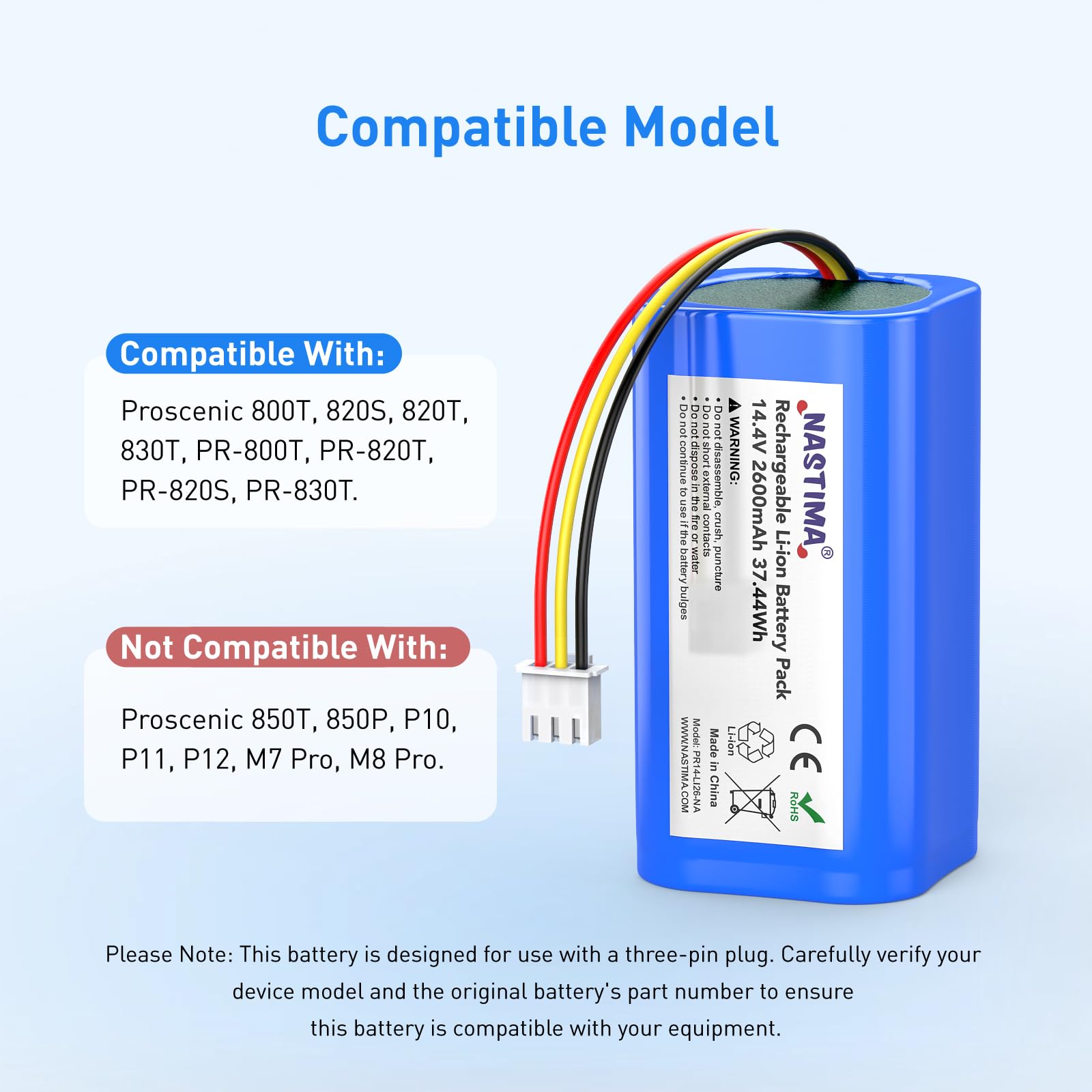 NASTIMA Zastępcza bateria 14,4 V 2600 mAh do Proscenic 800T 820T 820S, bateria litowo-jonowa do serii odkurzaczy PR-800T PR-820T