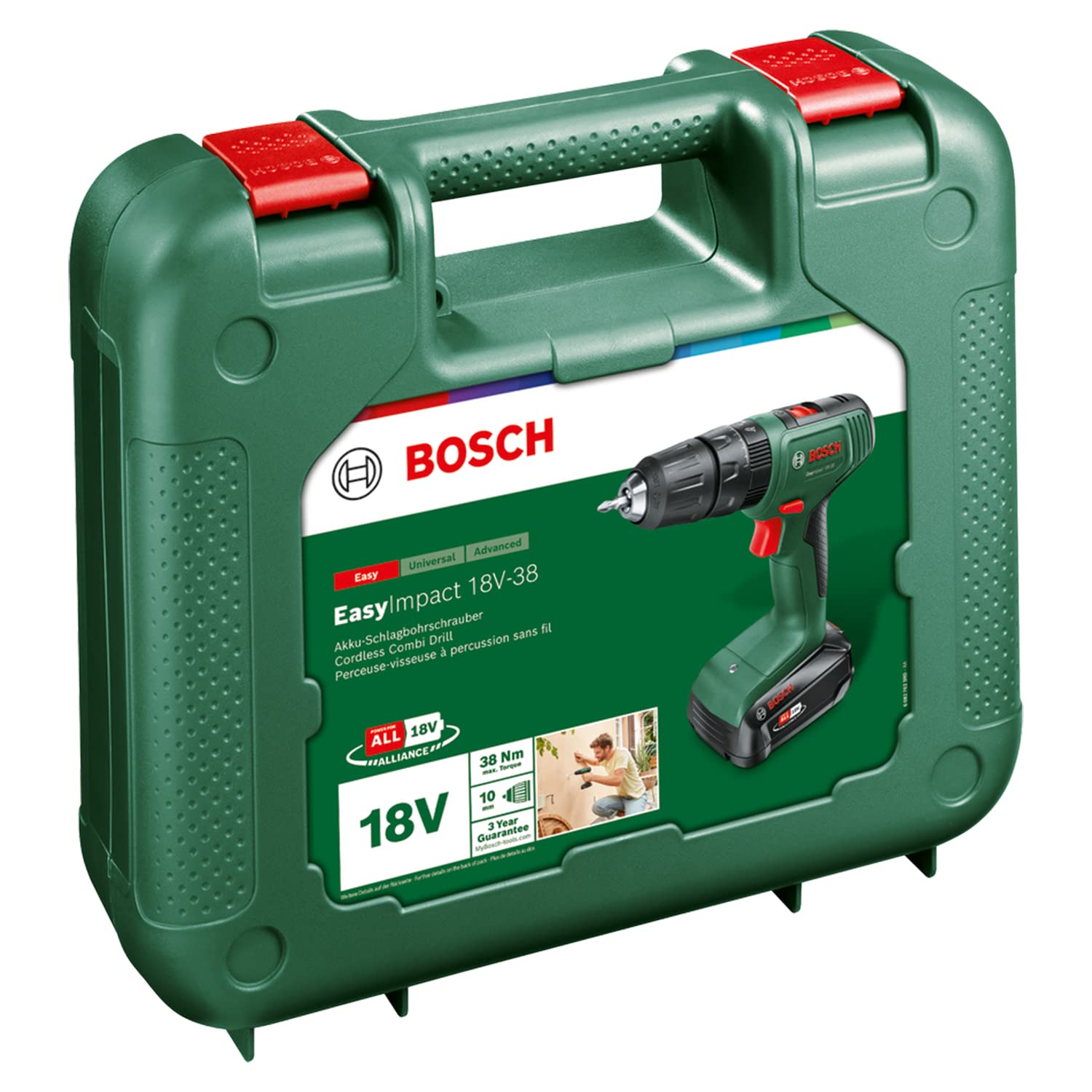 Bosch Akku Schlagbohrschrauber EasyImpact 18V-38 (1x Akku 2,5 Ah, 18 Volt System; im Koffer), Battery Powered, Cordless, Green