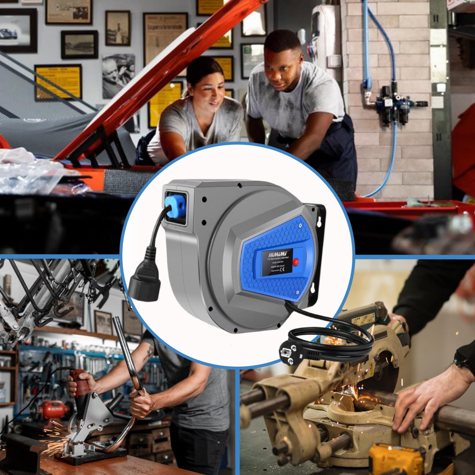 Himimi Avvolgicavo automatico 15 m + 1 m | 180° montaggio a parete | Automatic Cable Reel 1500 W ~ 3000 W | Adatto per esterni, garage, campeggio, protezione da sovraccarico