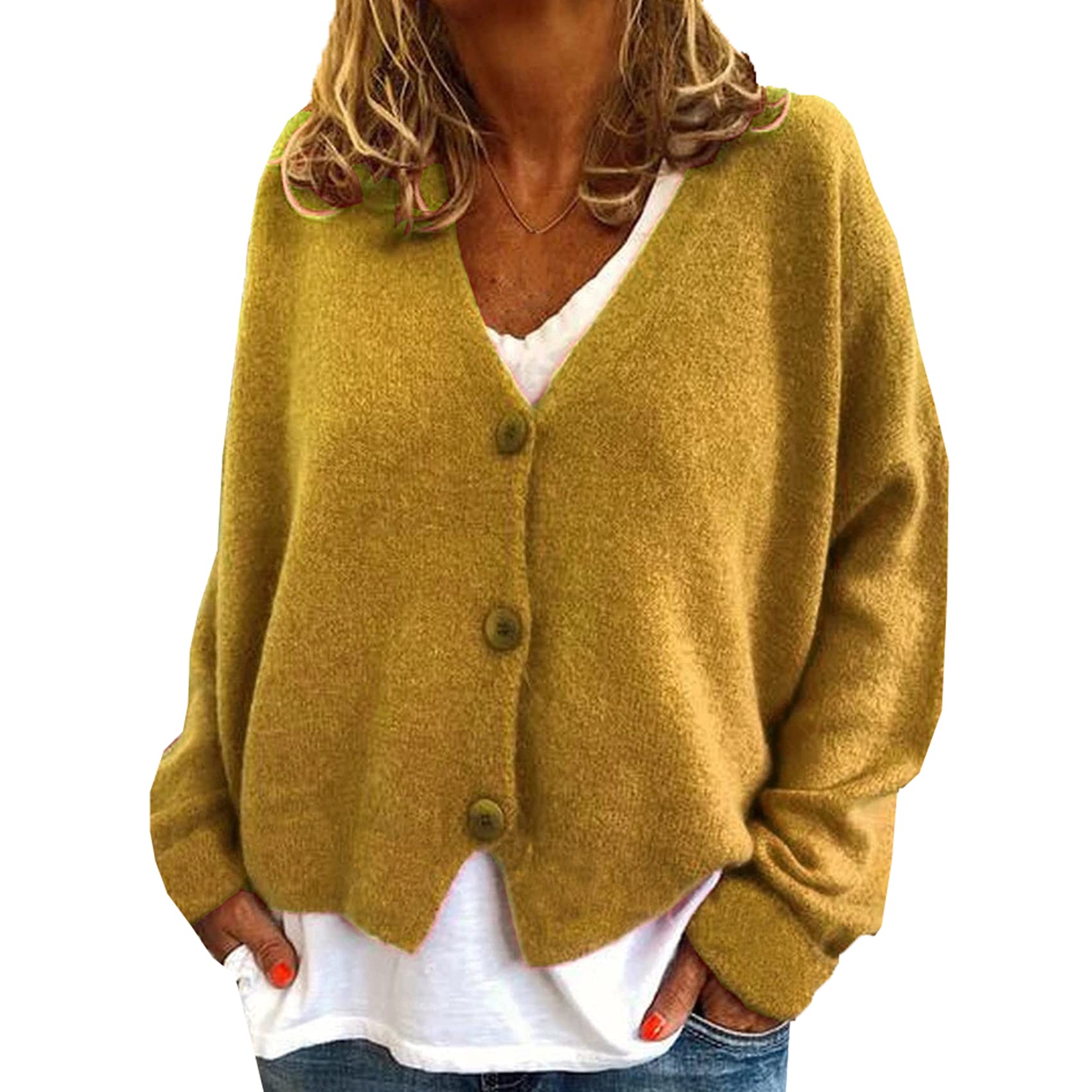 Whzxydn Women's Yellow And Winter Fashion Casual Loose Sweater Knitted Cardigan