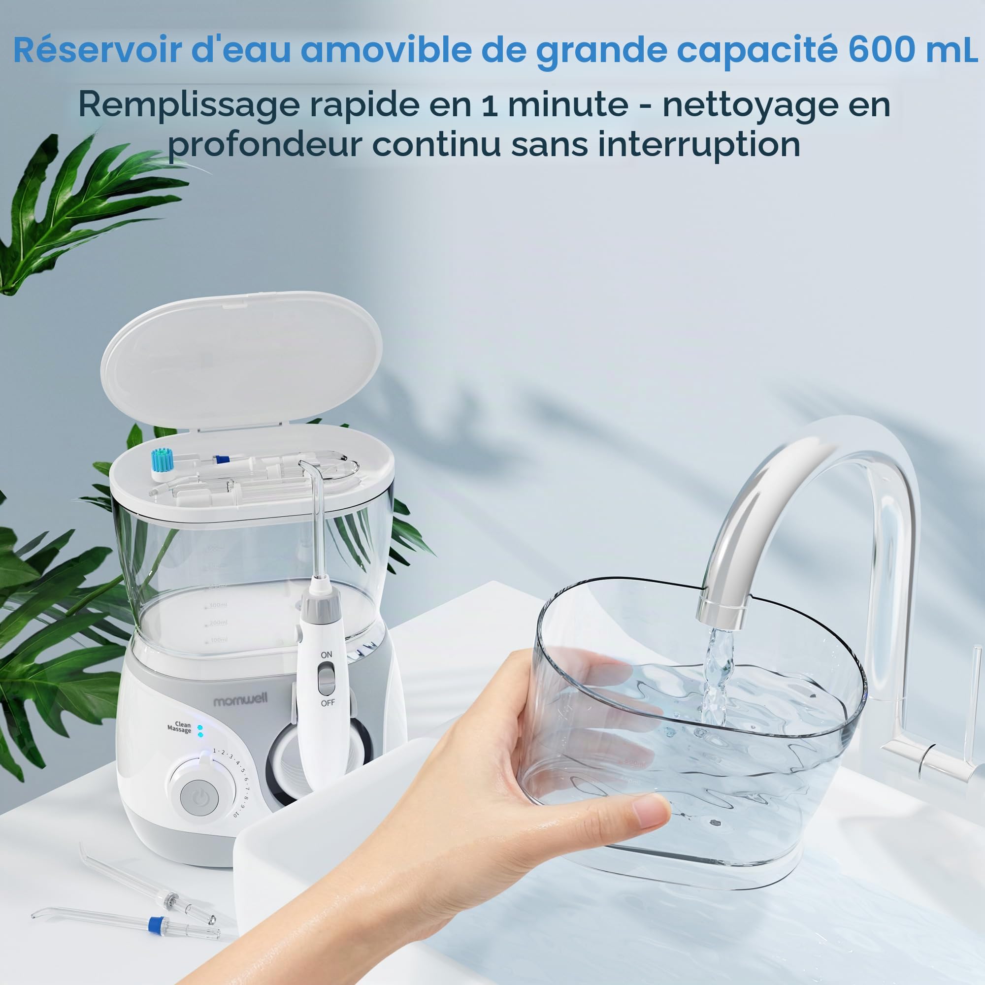 Mornwell Hydropulseur Dentaire Professionnel Électrique avec 10 Niveaux de Pression, 6 Buses, 2 Modes & Réservoir 600ml, Minuterie Intégrée (Large A)