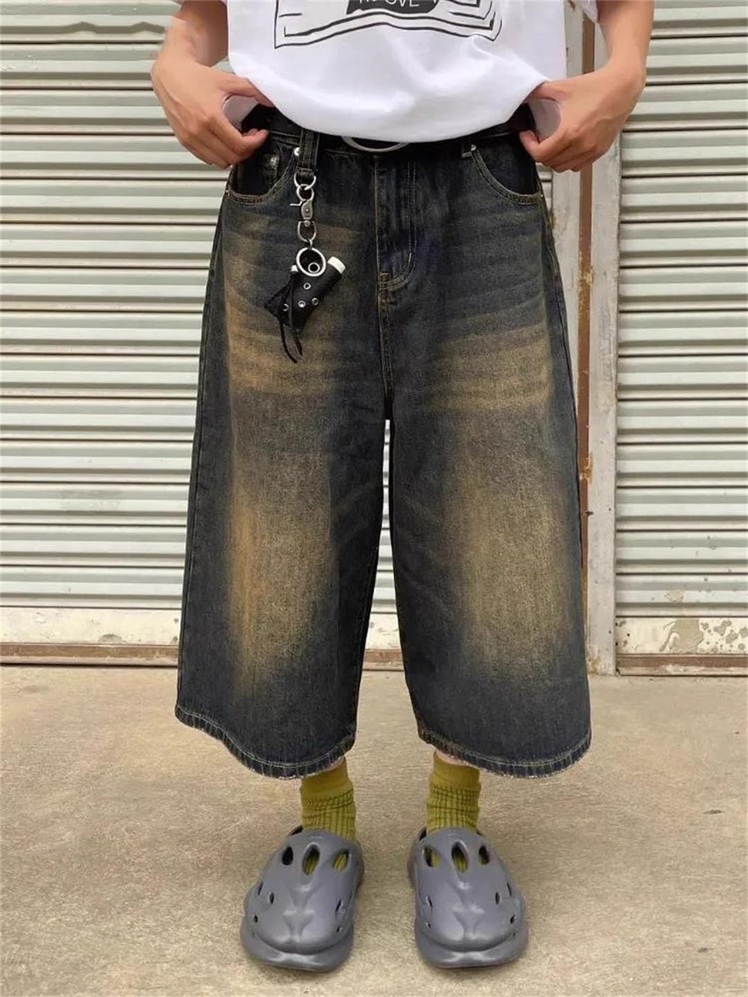 Damskie Harajuku Vintage estetyczne luźne sprane szerokie nogawki Punk Baggy Denim szorty, Niebieski retro, L