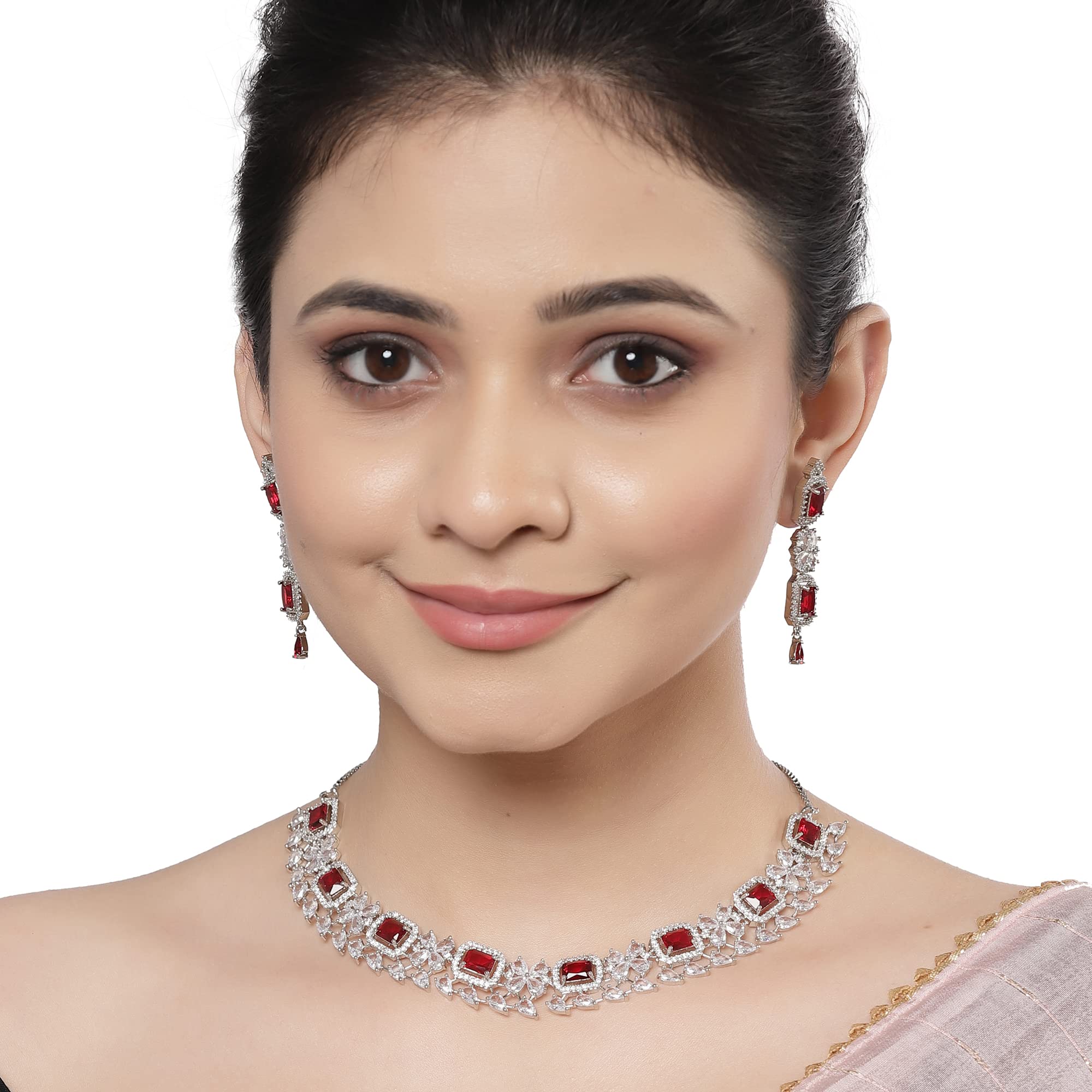 Rhodium-Plated American Diamond Necklace and Earrings Set