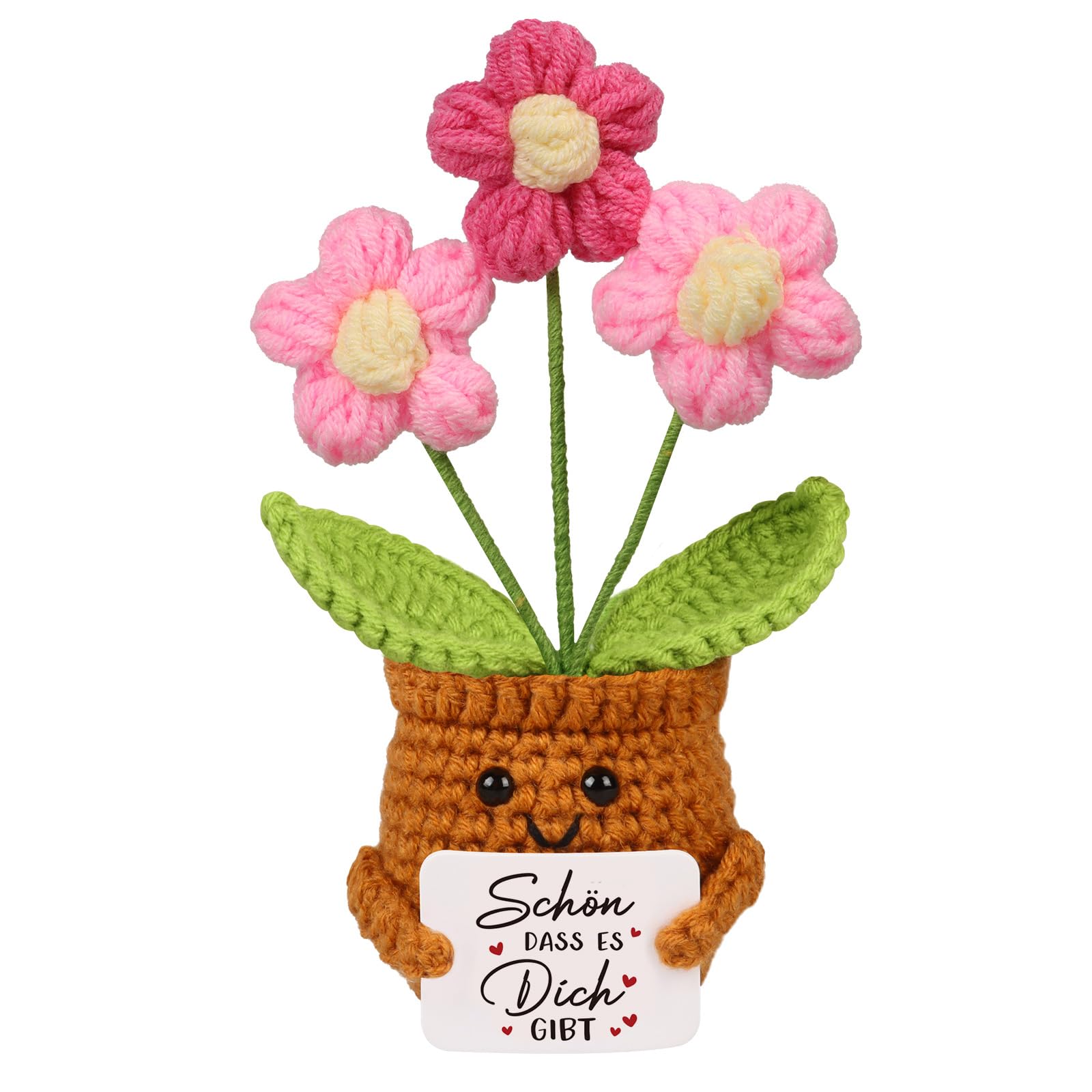 WenmthG Dankeschön Geschenke Gestrickte Rosa Blume, Kleines Dankeschön Geschenk Pocket Hug Glücksbringer für Freund Kollegen Frauen Männer Mama Oma Papa Opa Positive Kartoffel Deutsch Ersatz - 1 St