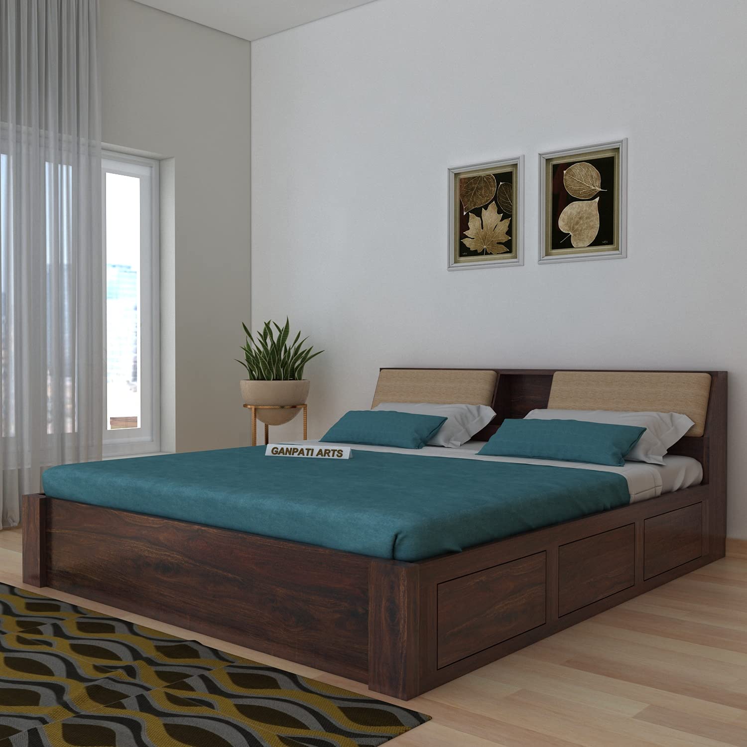 Ganpati Arts Sheesham Wood Mayor King Size Bed with Headboard Box Storage for Bedroom Living Room Wooden Double Bed Palang (Walnut Finish) Ganpati Arts Sheesham Wood Mayor King Size Bed with Headboard Box Storage for Bedroom Living Room Wooden Double Bed Palang (Walnut Finish)