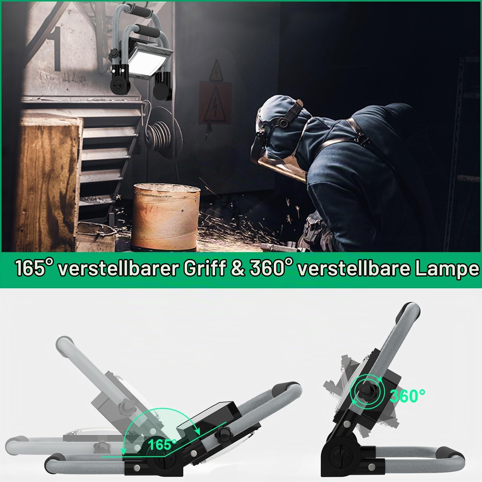 ERAY Solar 10000LM LED Baustrahler Akku 12000mAh mit 5 Lichtmodi | 350 LEDs, 2 Lademethoden, Timing-Funktion, Tragbarer Campinglampe und Arbeitsleuchte für Camping, Garage, Notfall, Werkstatt
