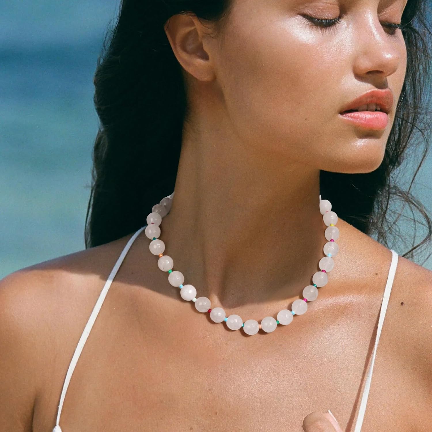 Elegance 11 designs Colourful Chunky Beaded Gemstone Necklace for Women, Beach Waterproof Stainless Steel Boho Choker Natural Stone Necklaces Surfer Summer Handmade Jewelry - Image 3