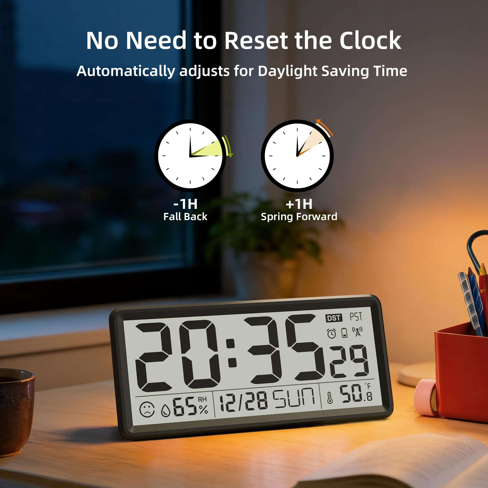 EASYERA Reloj atómico grande de 15 pulgadas con temperatura interior y humedad, reloj de pared digital que funciona con pilas, autoajuste con DST automático, para cocina, aula, sala de estar (pilas no