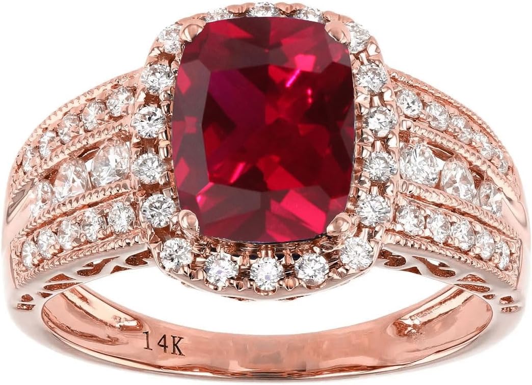 10K 14K 18K Gold 1/2 Cttw Diamond and Cushion Gemstone Engagement Ring for Women 2 Carat Cushion Cut Halo Gemstone Ring Size 4-15