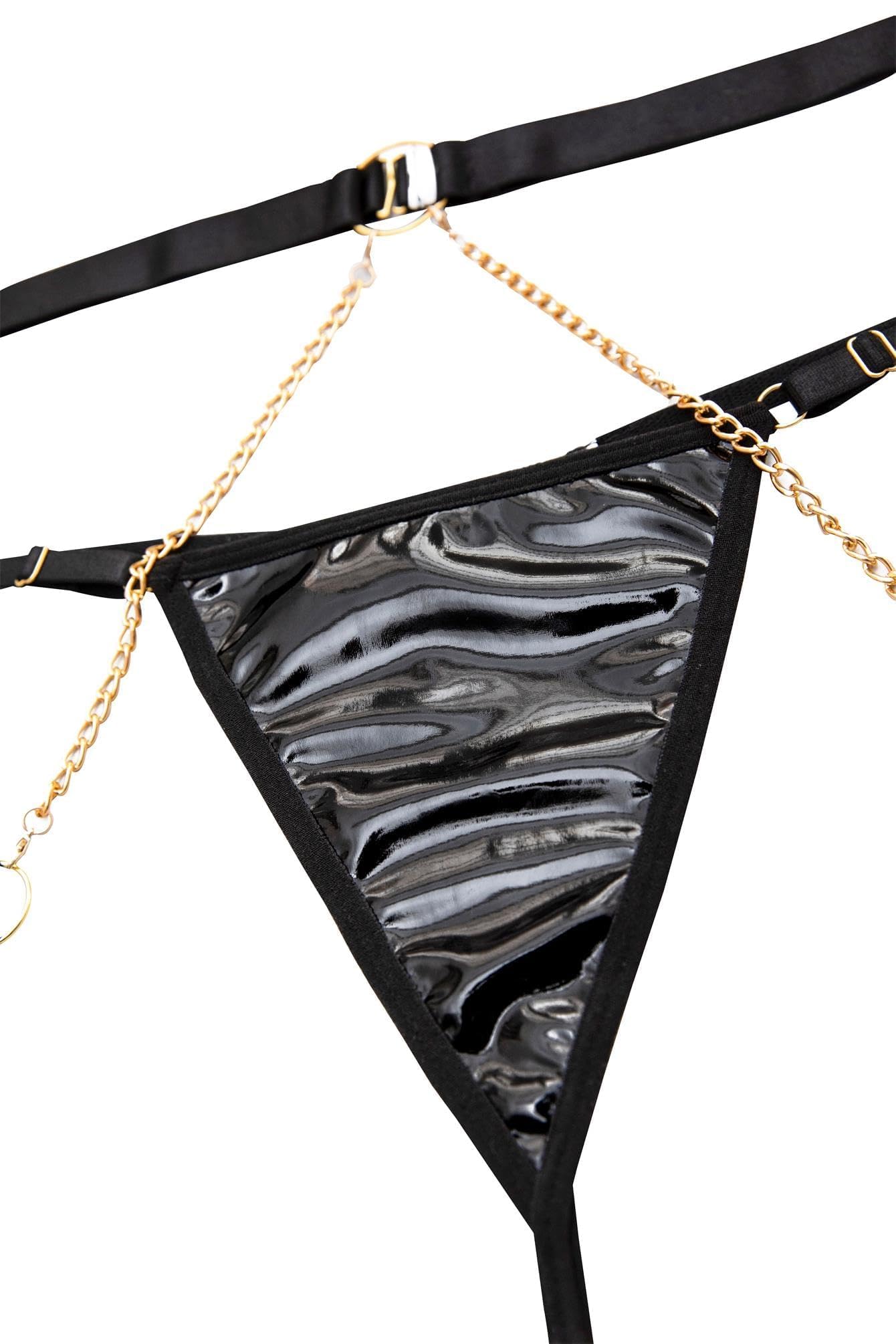Lilosy Sexy Pu Leather Strappy Underwire Garter Belt Lingerie Set: 3X-Large Latex Black