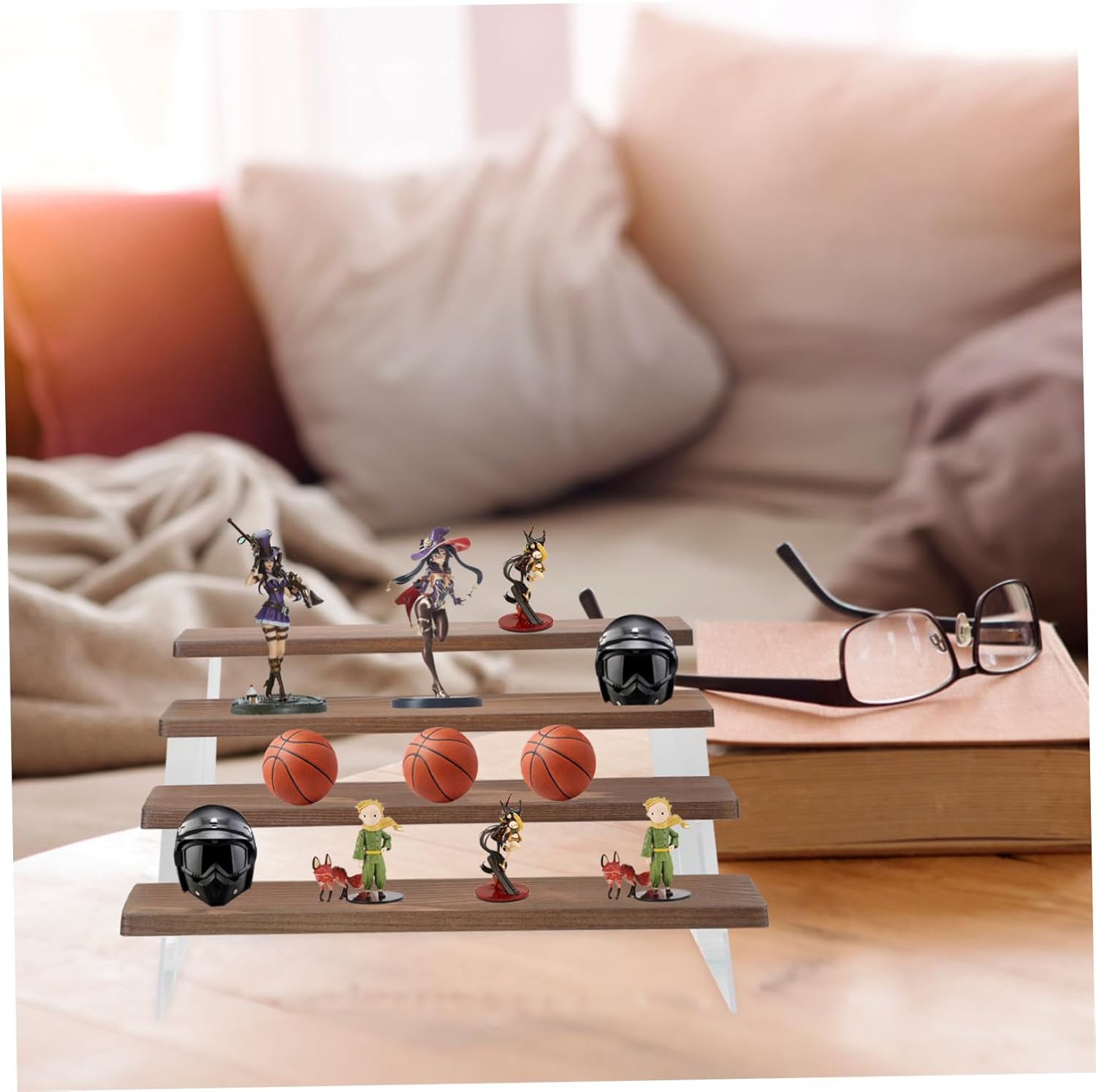 4-Tier Wooden Display Stand for Dolls and Handicrafts Acrylic Storage Rack Multi-Purpose Organizer for Figures and Toys for Home Décor and Collection Showcase