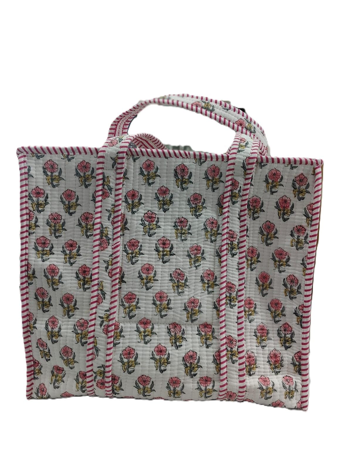Quilted Cotton Block Print Tote Bag, Floral & Leaf Pattern-image-46