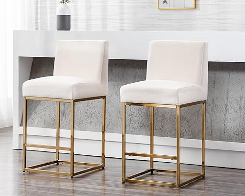 Taburetes de bar modernos de altura de mostrador, taburetes de bar tapizados de lino dorado con respaldo, taburetes de isla de cocina de 27 pulgadas