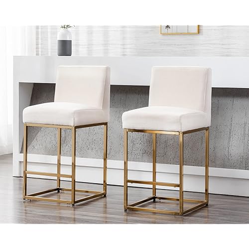 Modern Counter Height Bar Stools Set of 2, Linen Upholstered Gold Bar Stools with Backrest, 27 Inch Kitchen Island Stools with Gold Metal Frame, Cream