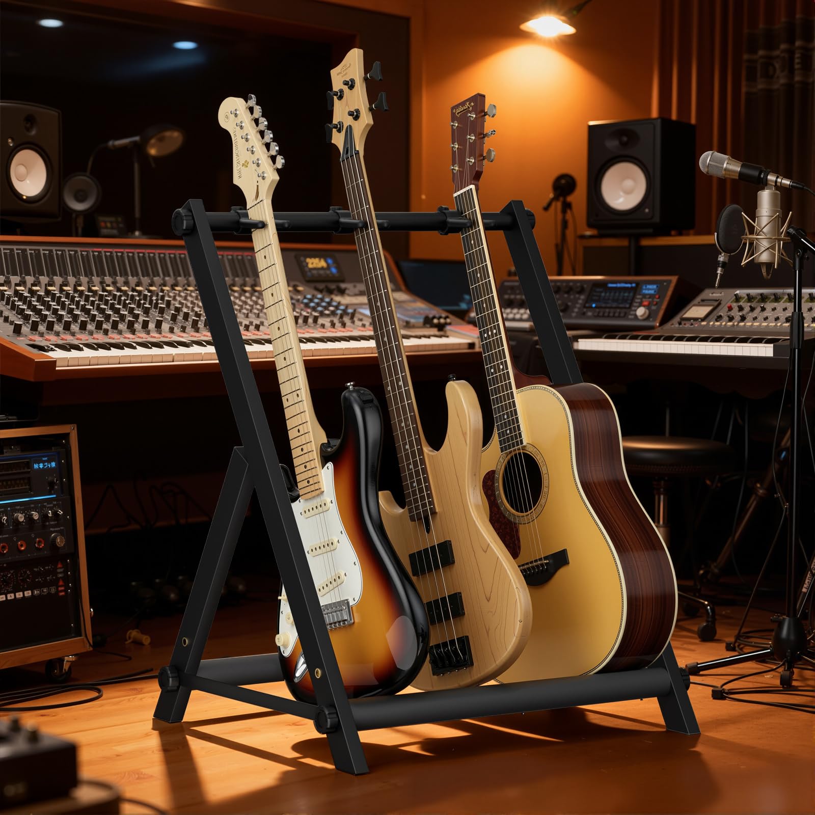 Gitarrenständer für 3 verschiedene Gitarren mit dicker Gummipolsterung, Gitarrenständer für Akustik-, Klassik-, Elektro-, Bass-, Studio- und Zuhause, langlebig, schwarz (3 Halterungen)