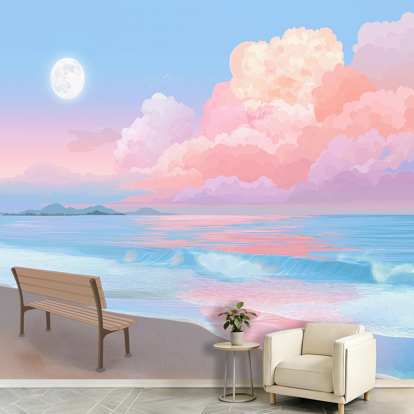 Papel pintado mural de ensueño estilo anime, 350 x 256 cm, paisaje marino, banco, nubes, luna, papel pintado fotográfico, mural de pared para dormitorio, sala de estar, pasillo, dormitorio