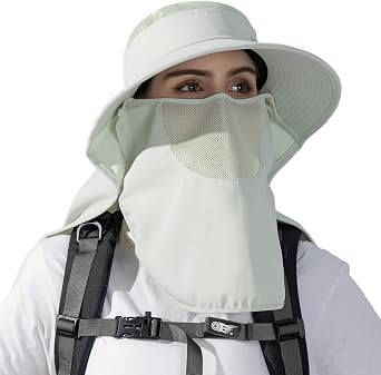 HUAMULAN Women Wide Brim Sun Hat Ponytail UV Protection Visor Fishing Hats Face Mask Detachable Neck Flap Garden Hiking
