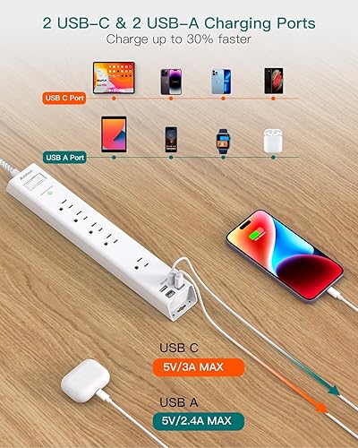 Miniatura 10 de Paquete de 2 protectores contra sobretensiones de regleta  5 tomas de corriente ampliamente espaciadas, 3 puertos de carga USB, 1875 W15 A con cable