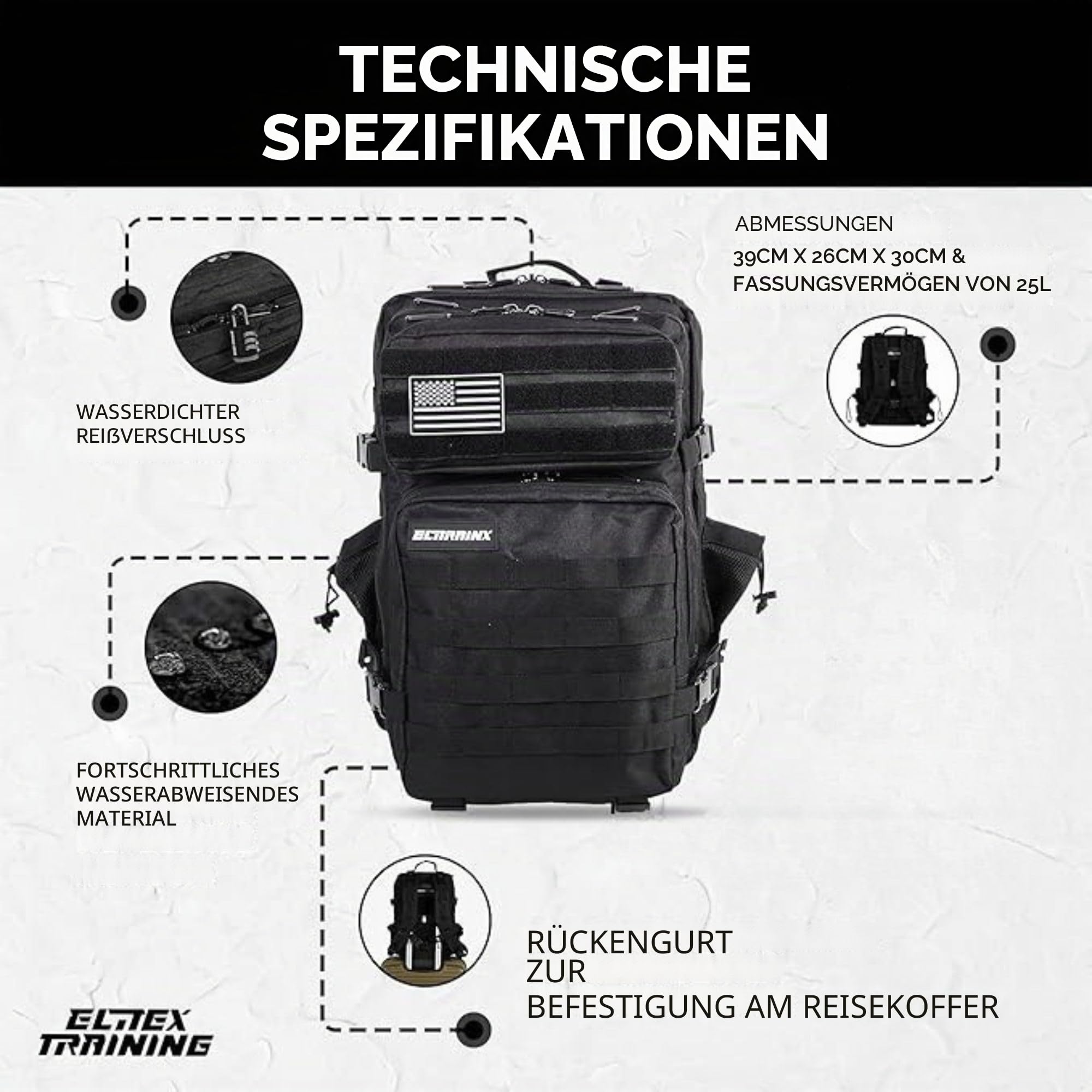 ELITRAINX ELITEX TRAINING Militär-Rucksack, wasserdicht, für Sport, Kabine, Flugzeug, Fitnessstudio, Outdoor, CrossTraining