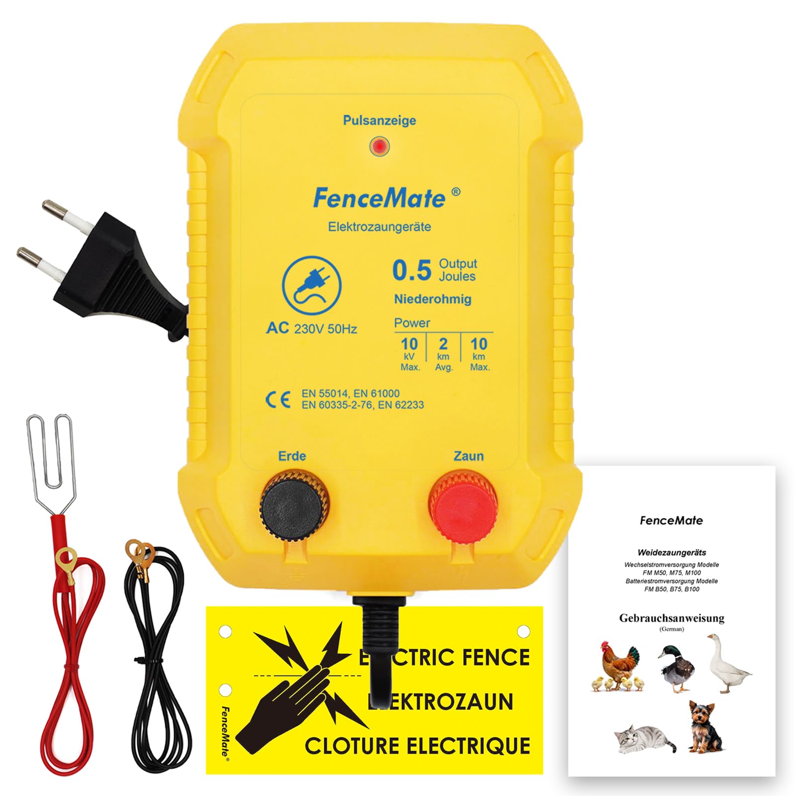 FenceMate 230V Weidezaungerät 0,5J Output für 2 bis 10 km, niedrige Impedanz Spitzenspannung 10kV für Geflügel, Vieh, Hobbytiere, Haustiere, Steuergerät zum Schutz von Gärten und Grundstücken