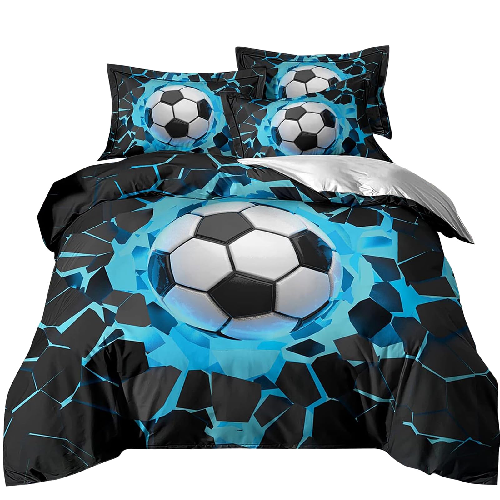 Sports Blue Soccer Duvet Cover Set for Kids Teens Boys, Soft Microfiber Twin 86
