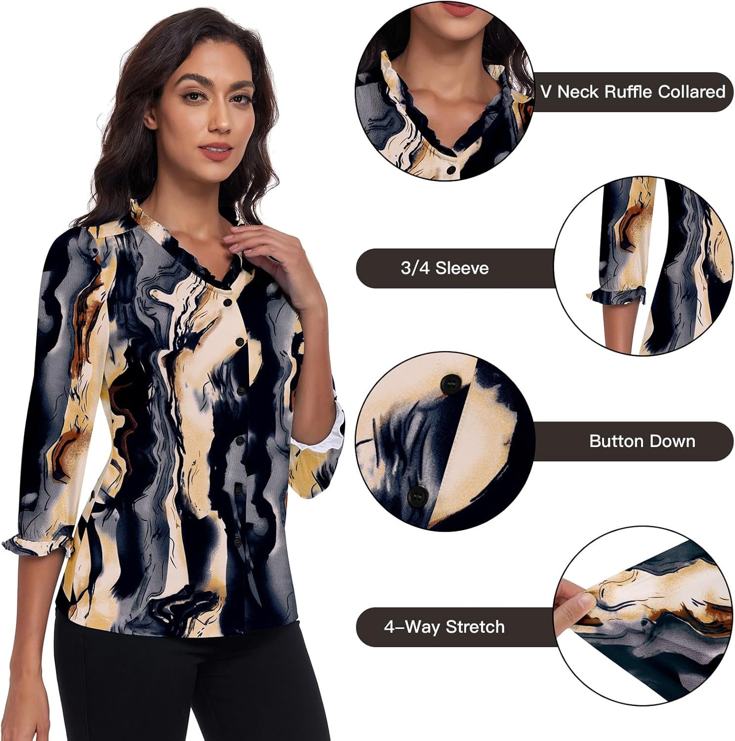 WOWENY Womens 3/4 Length Sleeve Top Shirts V Neck Button Down Blouses Business Dressy Causal Work Office Ruffle Tee - Image 4