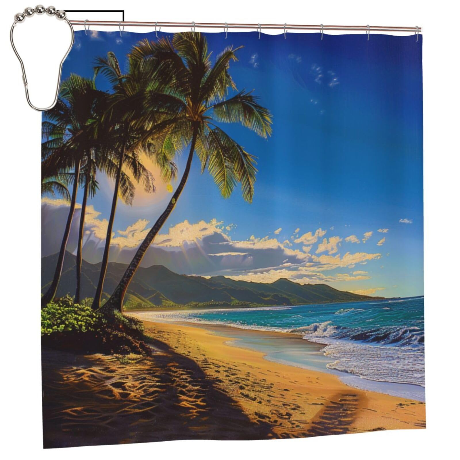 BWWHCCTI hawaii beach Printed Shower Curtain With 12 Iron Hooks Opaque Quick Drying Waterproof Shower Curtains Sets For Bathroom 183x183 CM