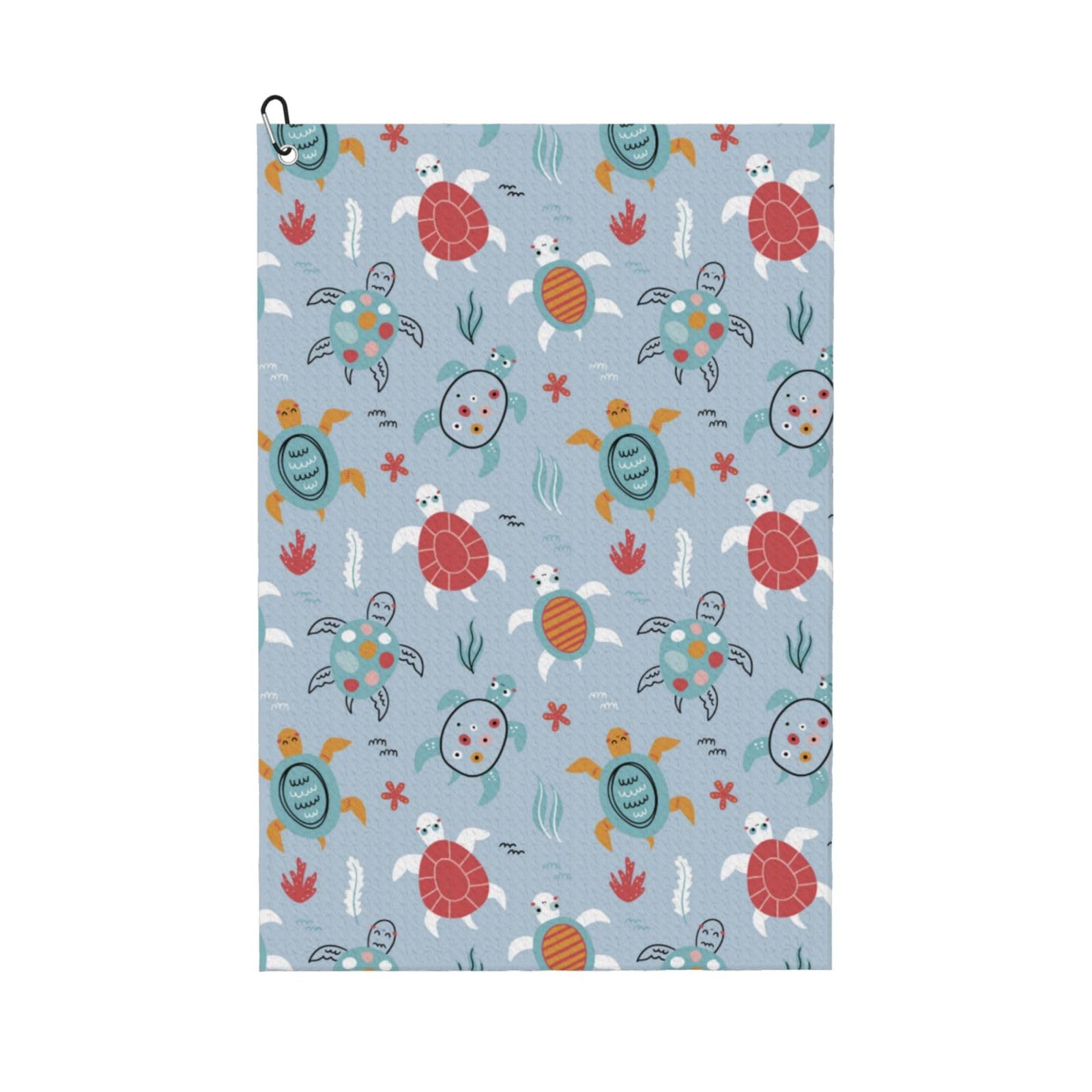 AOOEDM Sea Turtle Print Golf Towel with Carabiner Clip Absorbent Microfiber Golf Towel for Cleaning Golf Ball Club Putter Iron for Golf Bag Trolly Belt Loop 16" X 24"