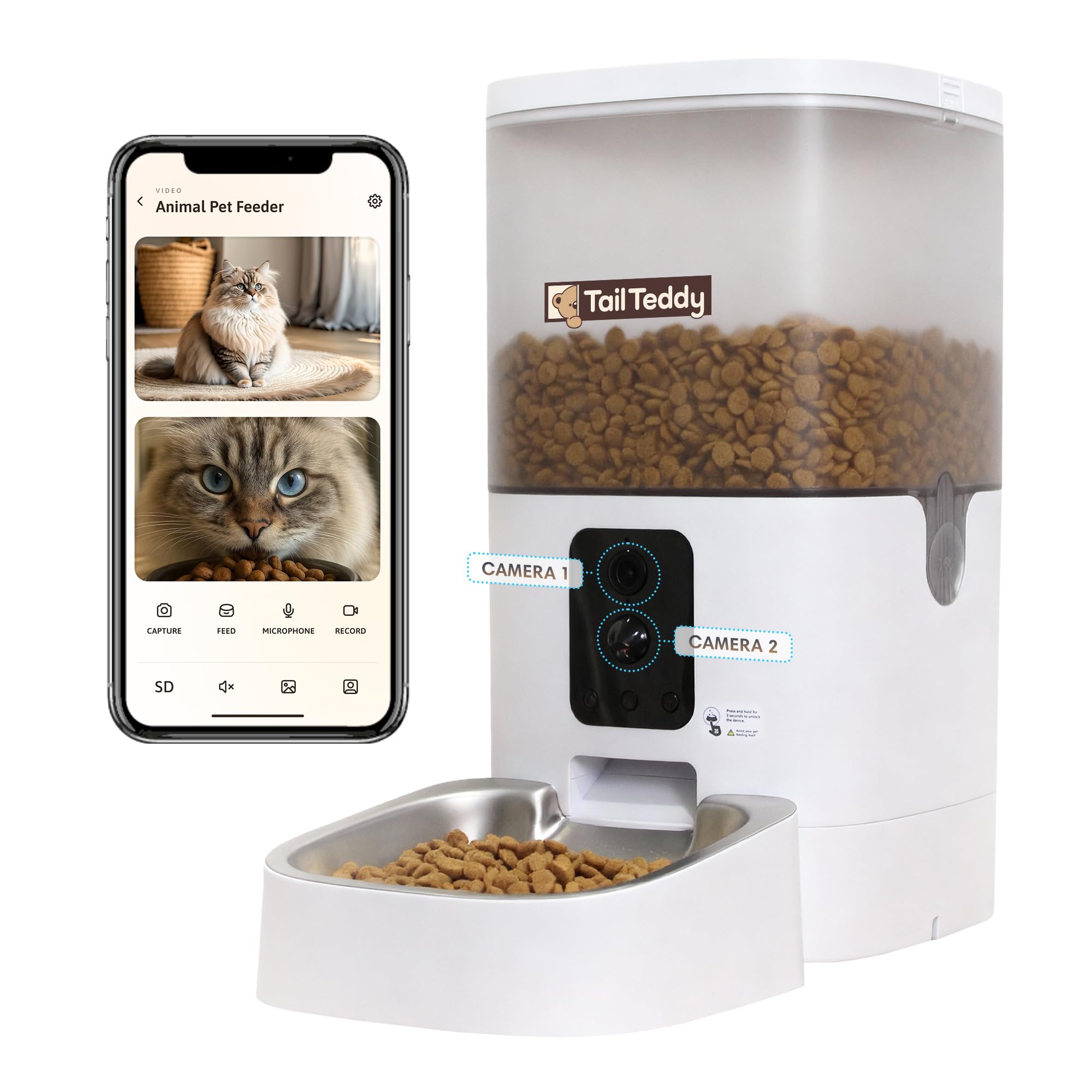 TailTeddy Automatic Cat Feeder with Dual Camera & AI Detection (6L), Smart Pet Feeder with WiFi App & Two-Way Audio, Timed Cat Feeder up to 6 Meals/Day, Stainless Steel Bowl & Battery Backup