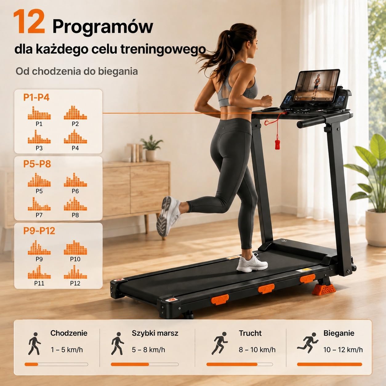 składana bieżnia do domu, Walking Pad 12 km/h z nachyleniem 12%, silnik 3.0 HP, wyświetlacz LED, do 138 kg, do chodzenia, joggingu i biegania
