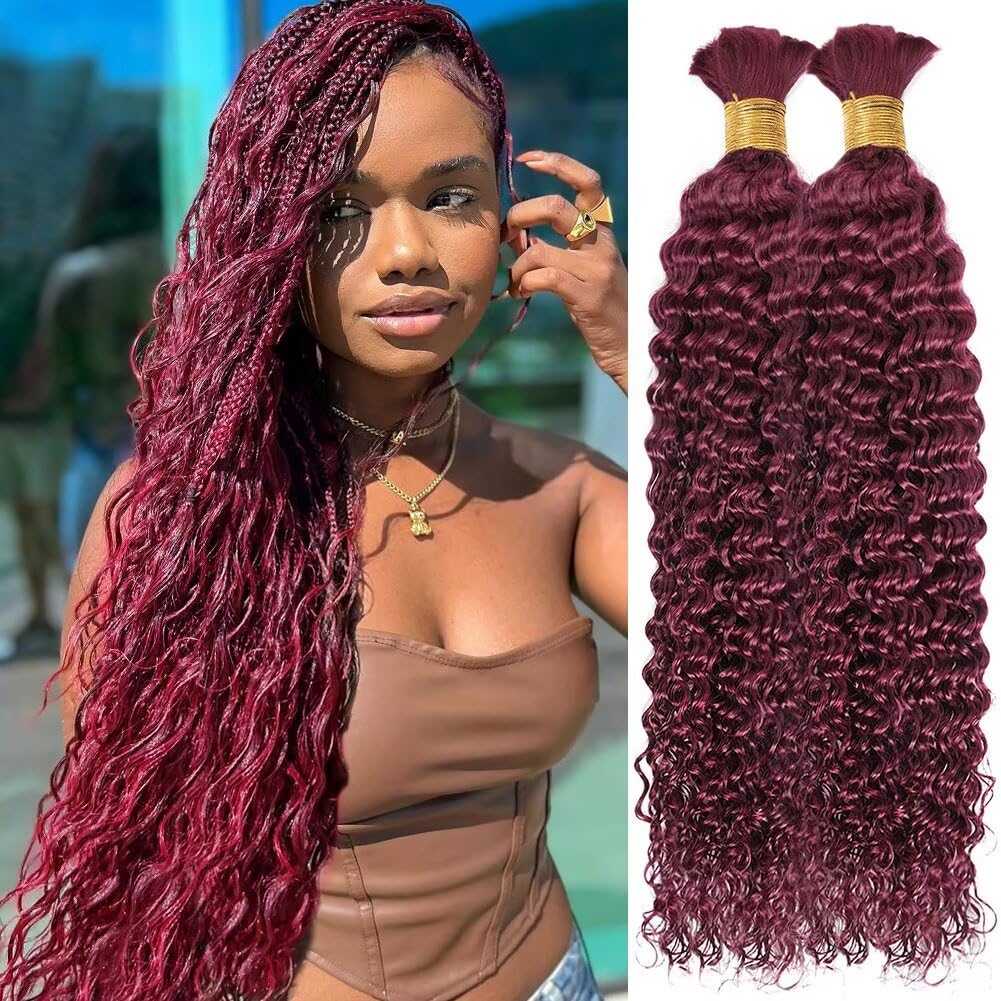 Human Braiding Hair for Boho Braids 100g 16 Inch Burgundy Curly Boho Hair for Braiding Knotless 12A Deep Wave Bulk Bohemian 2 Bundles/Pack Color 99J