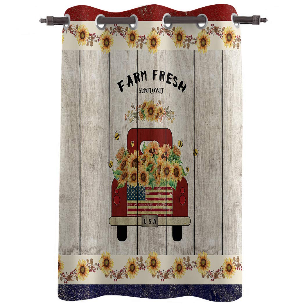 Edwiinsa 52''W x 45''H Window Curtains with Grommet for Kitchen Cafe Bedroom, Farm Fresh Sunflowers American Flag Truck Loads of Sunflowers French Door Curtains Panel Decorative Drapes(1 Panel)