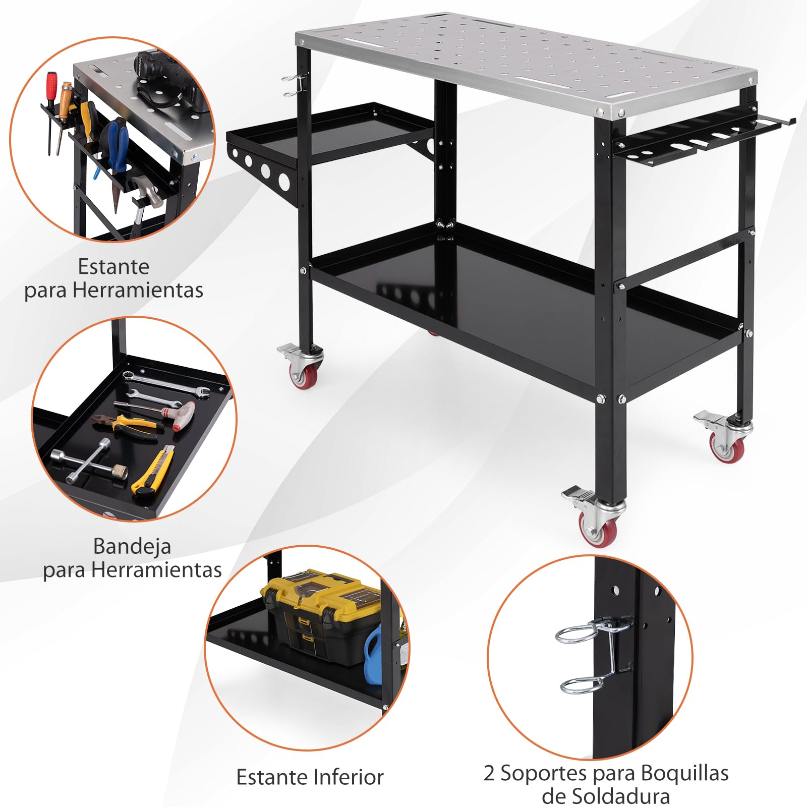 GOPLUS Mesa de Soldadura, Banco de Trabajo Carga 540 kg con 4 Ruedas Bloqueables, Estantes y Bandeja para Herramientas, 8 Ranuras y 2 Sujetadores de Boquillas de Soldadura, Carro de Soldadura Portátil