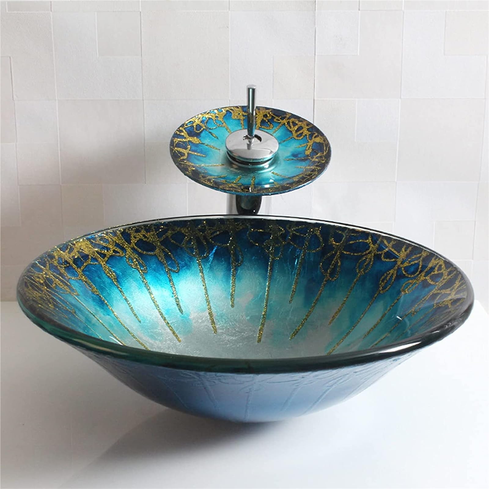 Umywalka Nablatowa Ceramiczna, Okrągła Umywalka Nablatowa, Umywalka Nablatowa Ze Szkła Hartowanego, Umywalka Nablatowa Do Łazienki, 450 X 450 X 135 Mm, Z Kranem Wodospado,Blue-BlueWashBasin+Accessorie