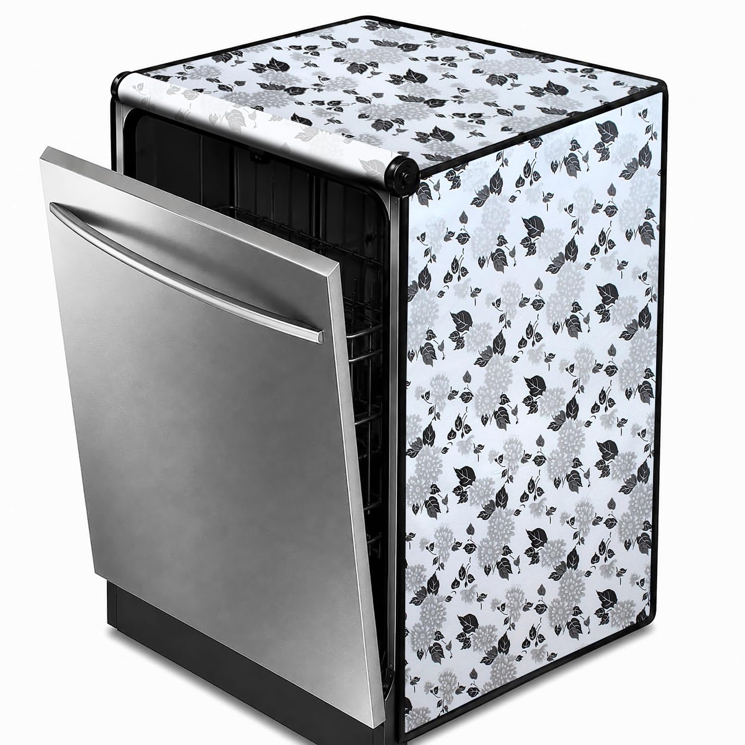 The Furnishing Tree Dishwasher Cover Suitable for Bosch 14 Place Settings | Waterproof & Dustproof | Front Zipper Design | (D x W x H) 56x61x86.5 cm | Color Floral Pattern Black & white-image-6