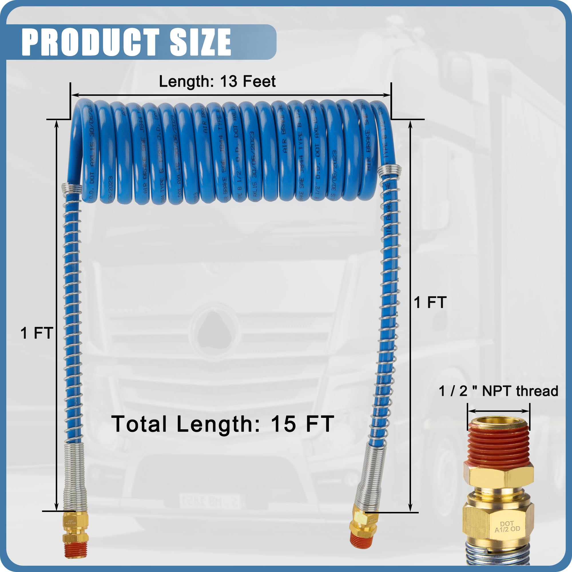 CheeMuii Tubo flessibile per semi camion da 4,5 m, con molla e maniglie Gladhands e maniglie, kit di tubi in gomma per freni ad aria, per camion, rimorchi, trattori, (codice colore rosso e blu
