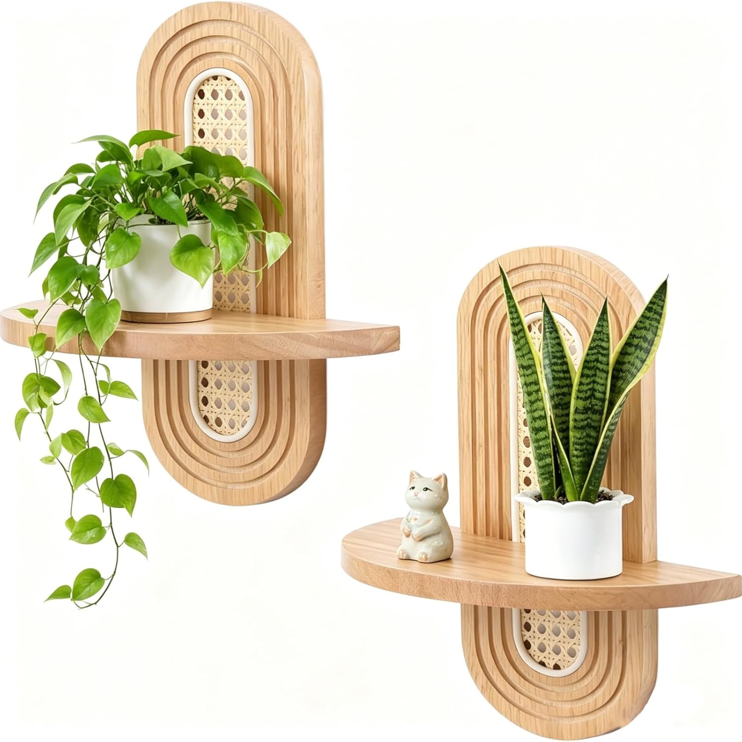 2 Pack Boho Shelves Wall Decor – Natural Rattan Solid Wood Floating Shelf, Rainbow Arch 2 Tier Trinket Plant Storage Rack, Modern Wall Art for Bedroom Nursery Bathroom Office (Natural)