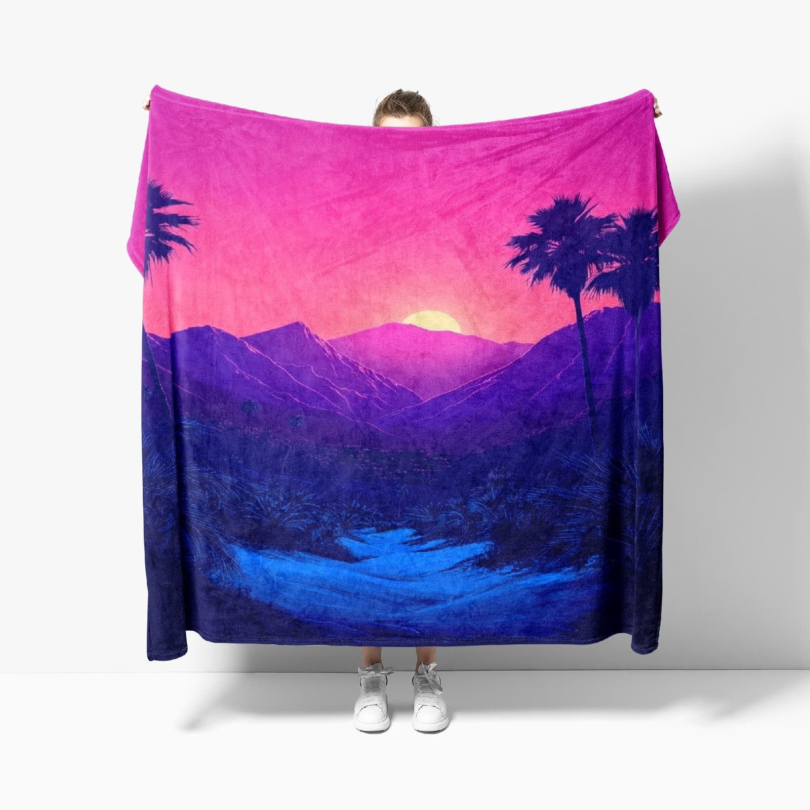 Couverture Polaire Douce 180x220 cm Silhouette de Montagnes Et de Palmiers Chaude Moelleuse Flanelle Couverture Sherpa de Lit Couvre-lit Jeté de Canapé, Convient Adulte et Enfant, Couleurs NéOn