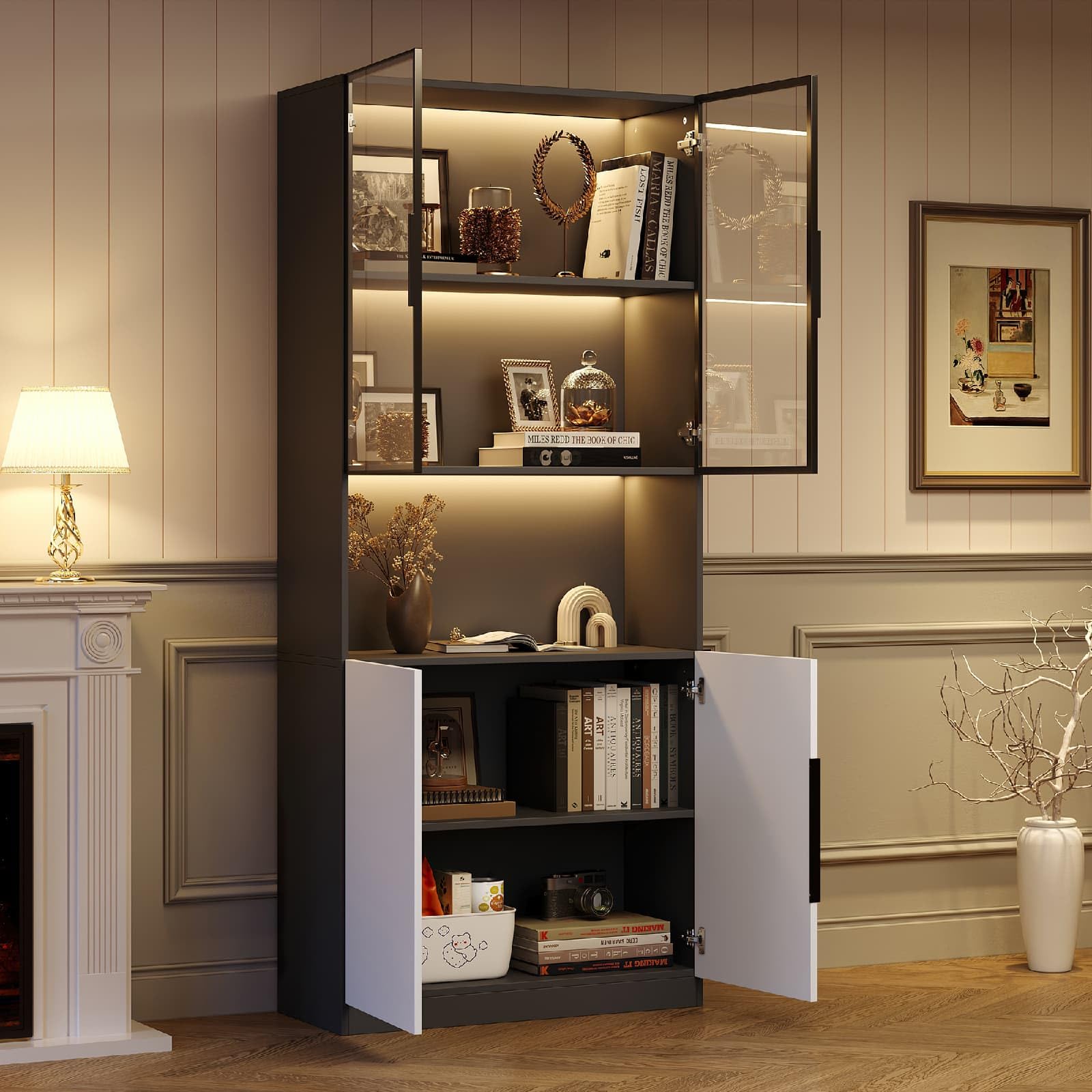 PUGSDRLY Minimalist Display Cabinet with Glass Doors, Display Cabinet with LED Lights, Bookcase, Modern Storage Furniture with Shelves for Kitchen, Living Room and Office 80 x 30 x 200 cm (A, 1)