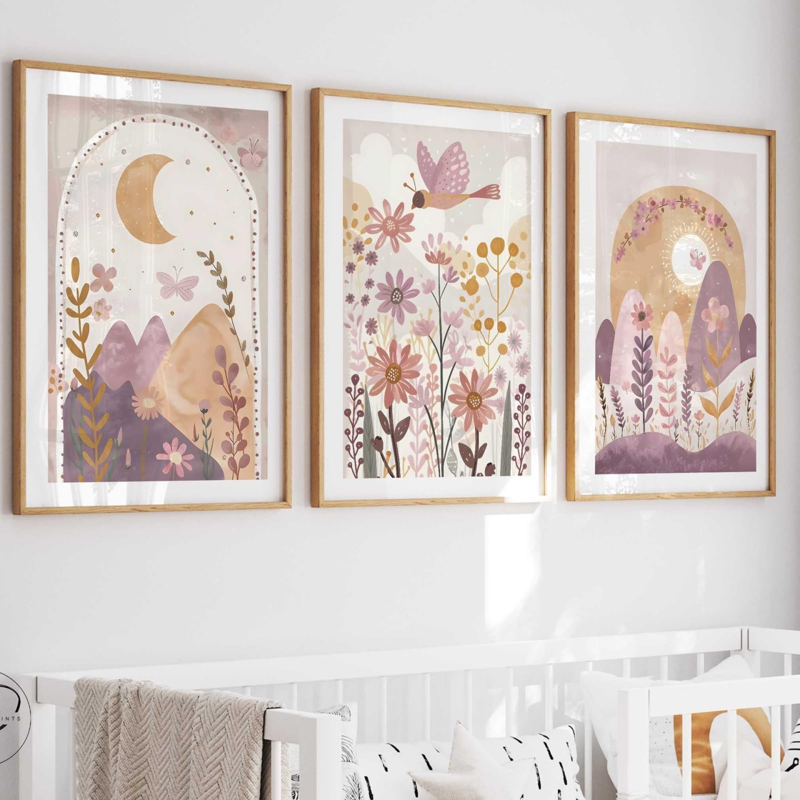 JORCEDI Boho Canvas Wall Art Set of 3, Sun Moon Flower Butterfly Posters Prints, Pastel Nursery Girls Bedroom Decor, 21x30-50x70cm, Unframed (21x30 cm,A)