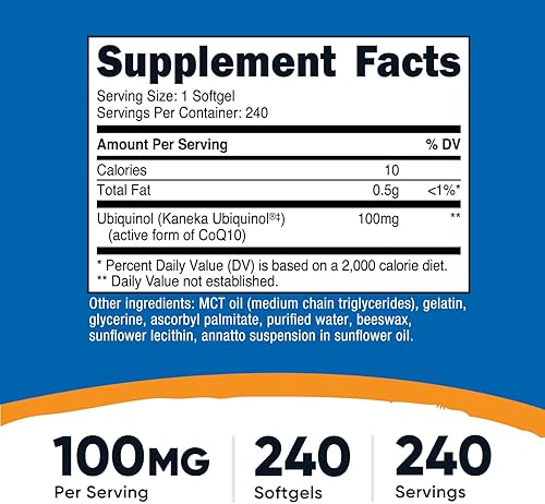 Miniatura 2 de Nutricost Cápsulas blandas de ubiquinol (100 mg, 240 cápsulas blandas)  Antioxidante de absorción superior  Forma activa de CoQ10  Sin gluten, sin