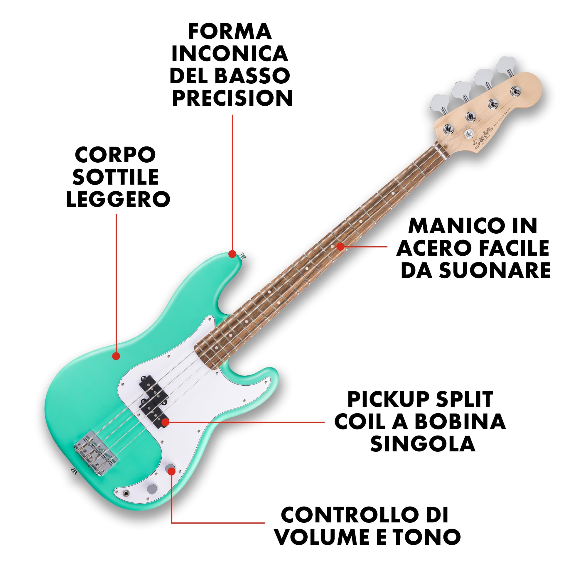 Squier by Fender Debut Collection Precision Bass, Laurel Fingerboard, White Pickguard, Seafoam Green
