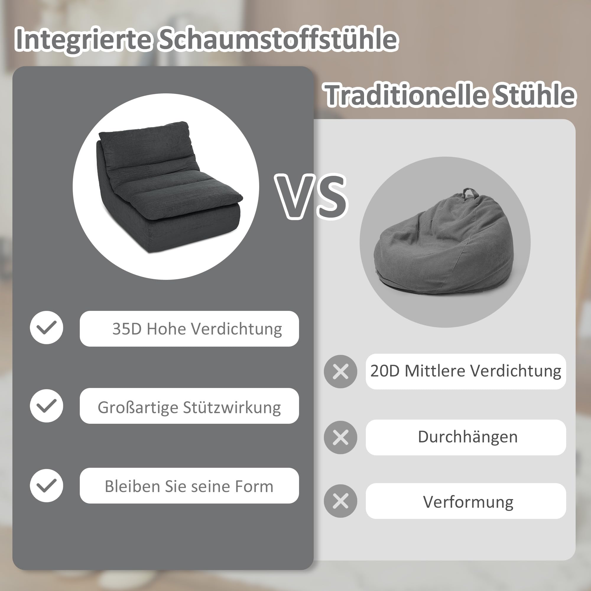 HOMCOM Bodenstuhl mit einteiligem ultrahochdichtem Schaumstoff, Bodensessel Lazy Sofa mit Samtoptik Meditationsstuhl Relaxsessel für Zuhause, Büro, Grau