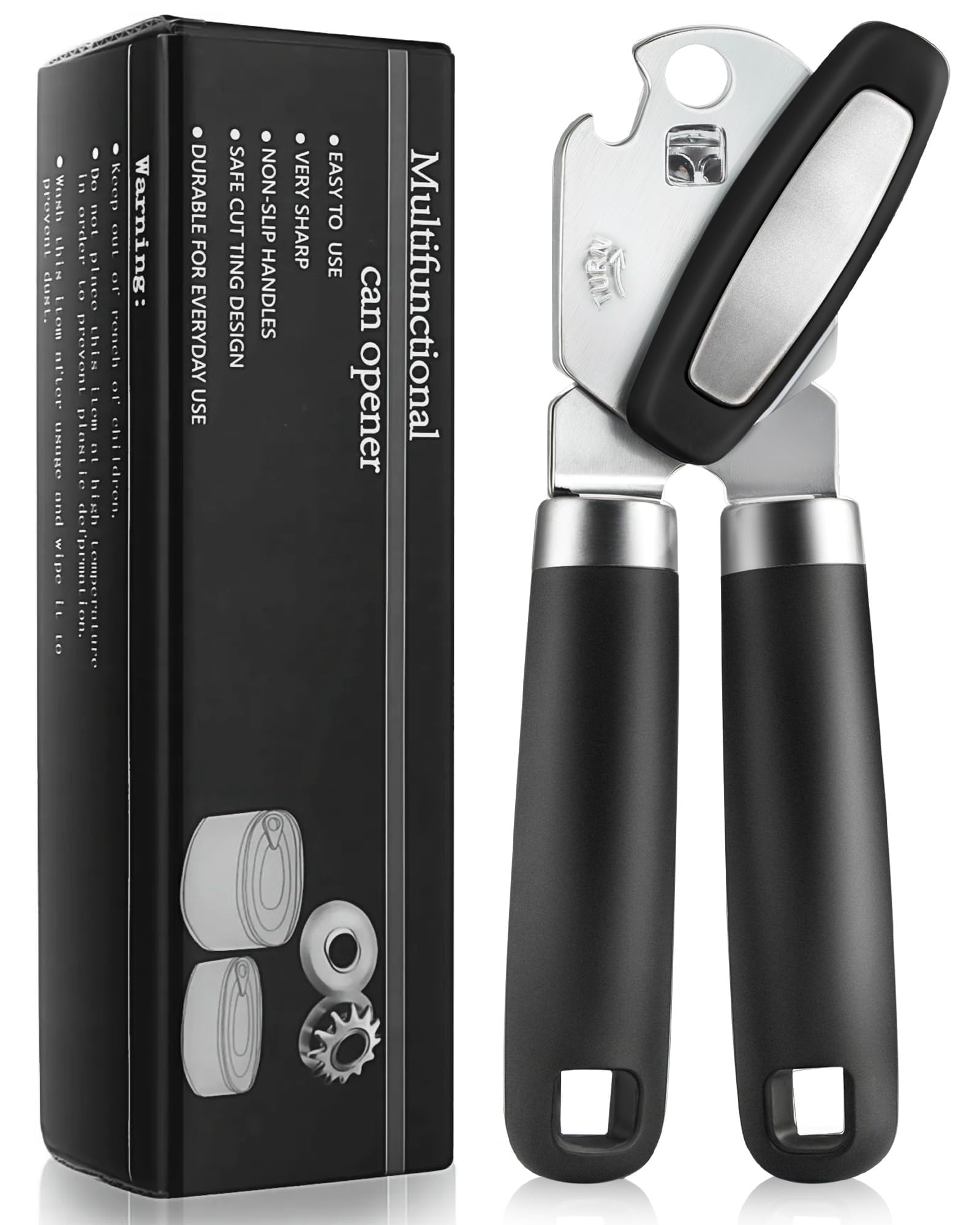 RICKUNCL Tin Opener Manual, Multifunctional Stainless Steel Heavy Duty Can Opener Handheld, Easy Turn Knob & Bottle Opener, Can Opener That Works for Arthritis Hands – Black