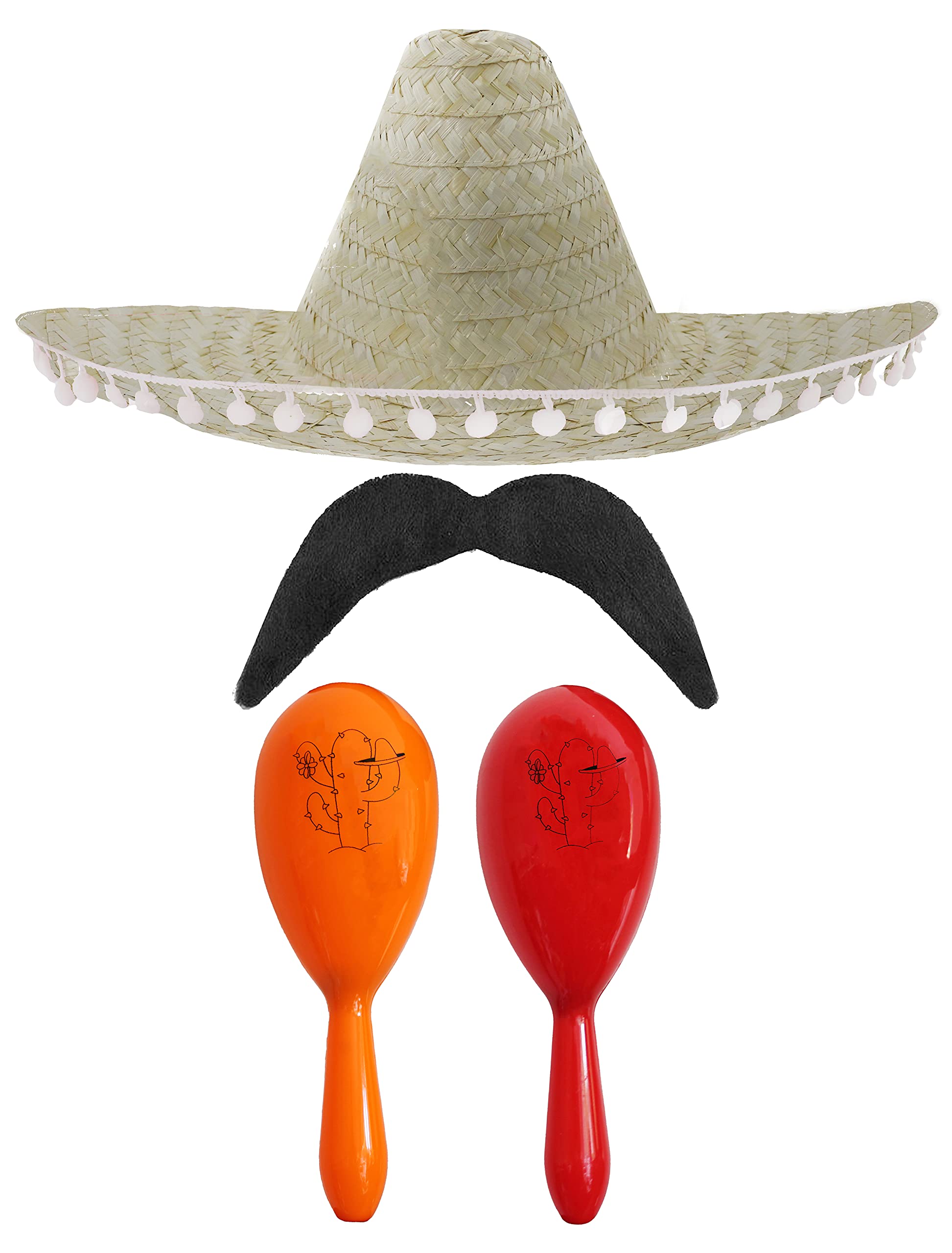 Adults Mexican Accessory Set - Natural Mexican Sombrero, Orange & Red Maracas, Moustache - Mexican Cinco de Mayo Sensorita Bandit Mariachi Fancy Dress Costume Accessory Set