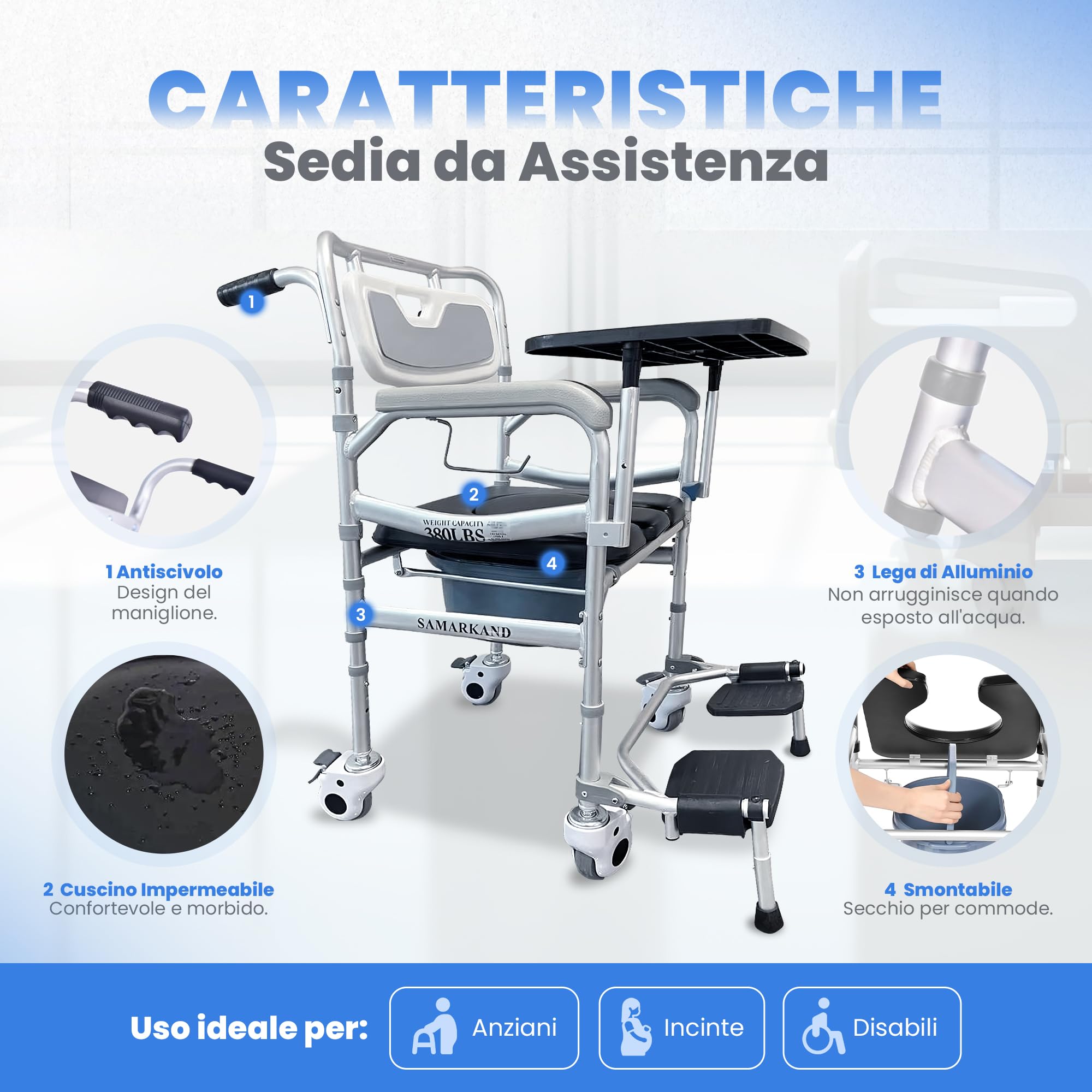 Comoda Wc Per Anziani 3 In 1 Con Ruote, Vassoio E Poggiapiedi – Sedia Per Doccia Anziani Con Disabilità - Sedia Doccia Anziani Casa Di Cura, Ospedale - Sgabello Doccia Anziani, Wc Per Disabili